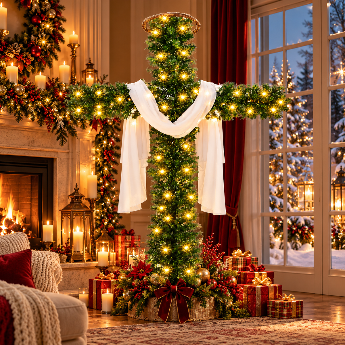[FREE SHIPPING] Christian Christmas Cross Tree – Pre-Lit Jesus Cross Decor with Halo & White Draped Cloth