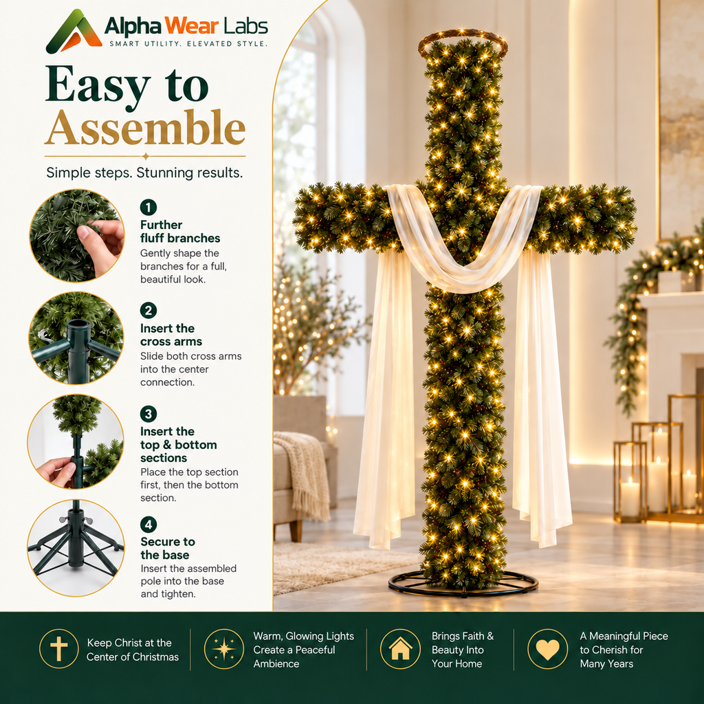 [FREE SHIPPING] Christian Christmas Cross Tree – Pre-Lit Jesus Cross Decor with Halo & White Draped Cloth