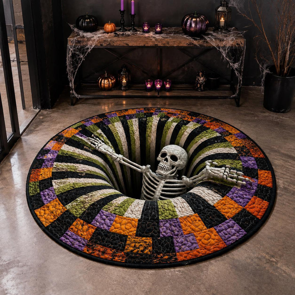 Halloween Round Quilt Rug, 3D Skeleton Illusion Area Rug, Soft Washable Quilted Floor Mat for Bedroom Living Room, Spooky Halloween Home Decor