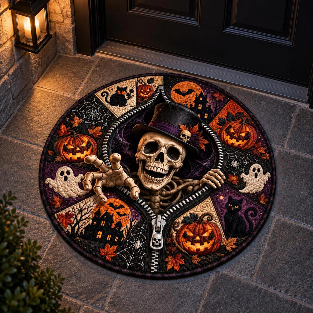 Halloween Round Quilt Rug, 3D Skeleton Illusion Area Rug, Soft Washable Quilted Floor Mat for Bedroom Living Room, Spooky Halloween Home Decor