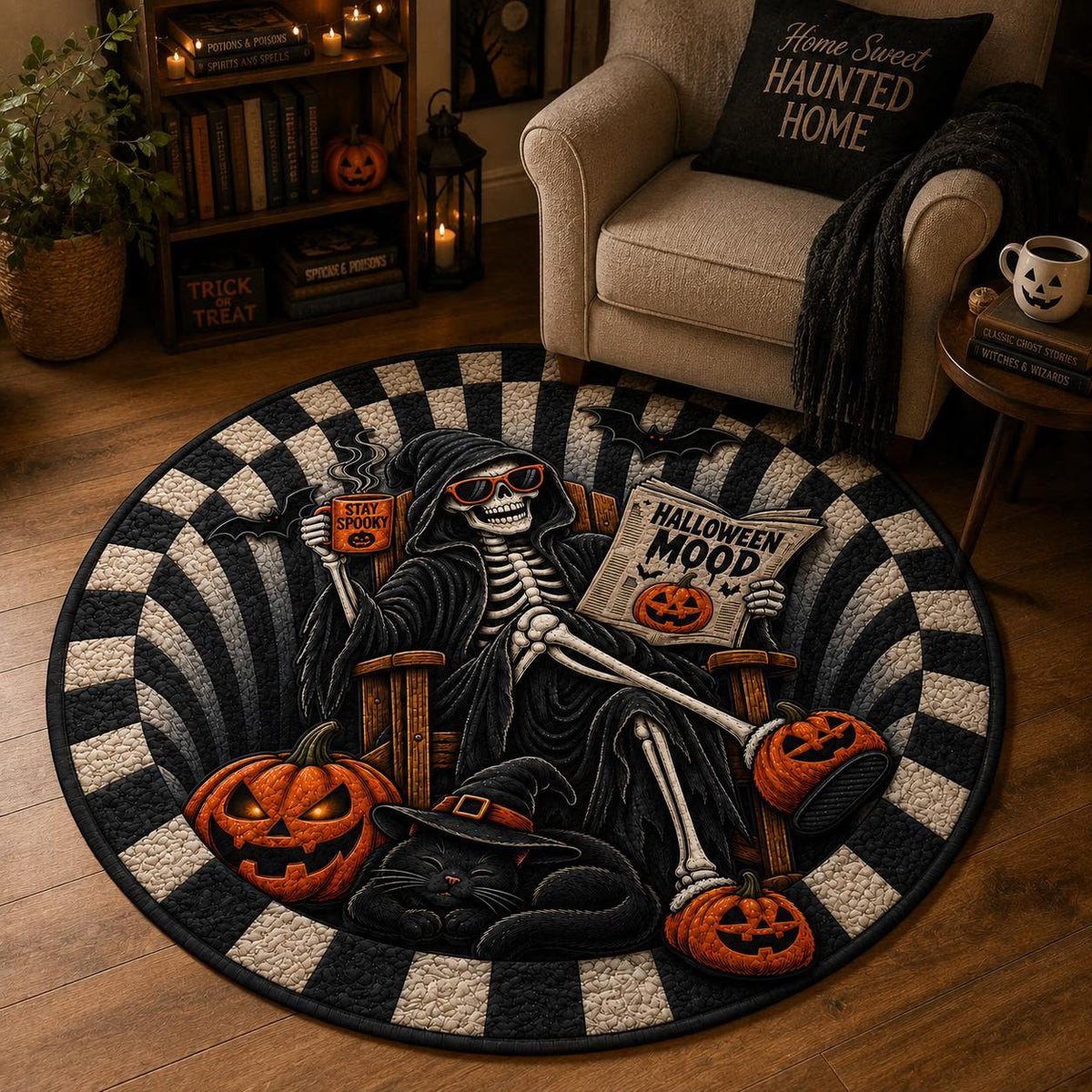 Halloween Round Quilt Rug, 3D Skeleton Illusion Area Rug, Soft Washable Quilted Floor Mat for Bedroom Living Room, Spooky Halloween Home Decor