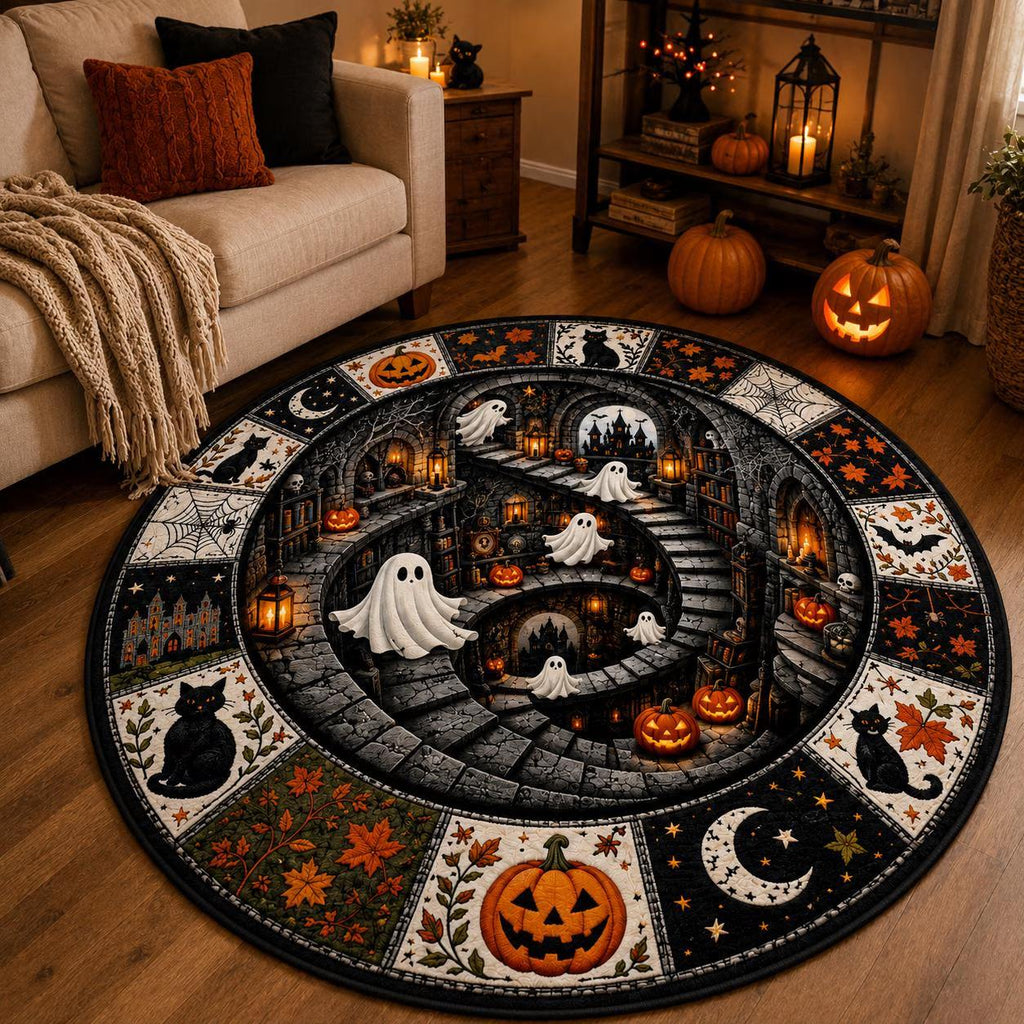 Halloween Round Quilt Rug, 3D Skeleton Illusion Area Rug, Soft Washable Quilted Floor Mat for Bedroom Living Room, Spooky Halloween Home Decor