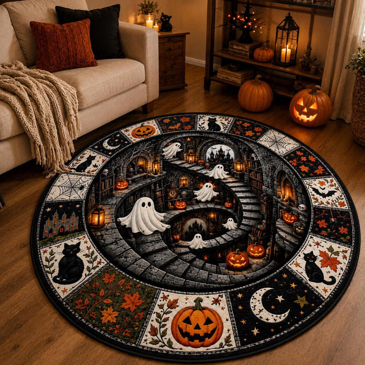 Halloween Round Quilt Rug, 3D Skeleton Illusion Area Rug, Soft Washable Quilted Floor Mat for Bedroom Living Room, Spooky Halloween Home Decor