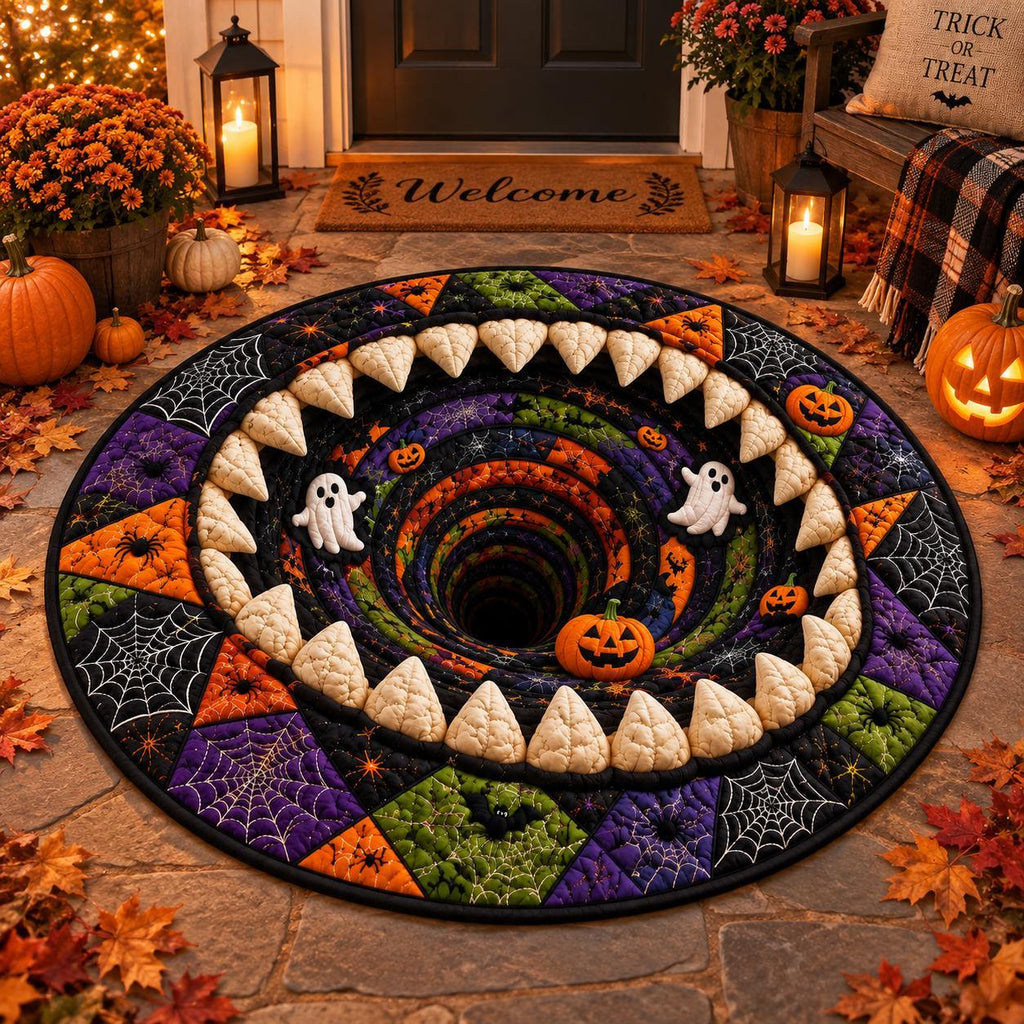 Halloween Round Quilt Rug, 3D Skeleton Illusion Area Rug, Soft Washable Quilted Floor Mat for Bedroom Living Room, Spooky Halloween Home Decor