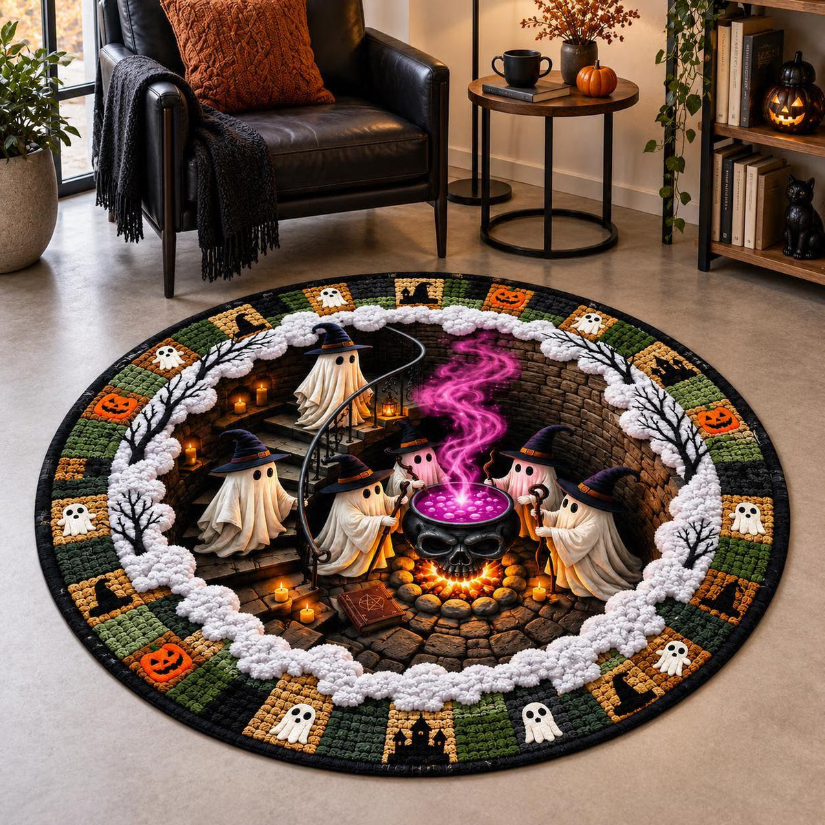 Halloween Round Quilt Rug, 3D Skeleton Illusion Area Rug, Soft Washable Quilted Floor Mat for Bedroom Living Room, Spooky Halloween Home Decor