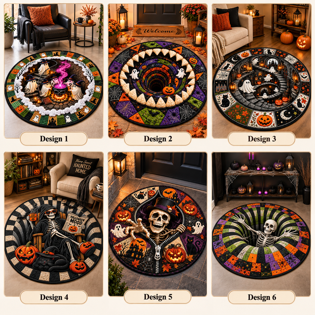 Halloween Round Quilt Rug, 3D Skeleton Illusion Area Rug, Soft Washable Quilted Floor Mat for Bedroom Living Room, Spooky Halloween Home Decor