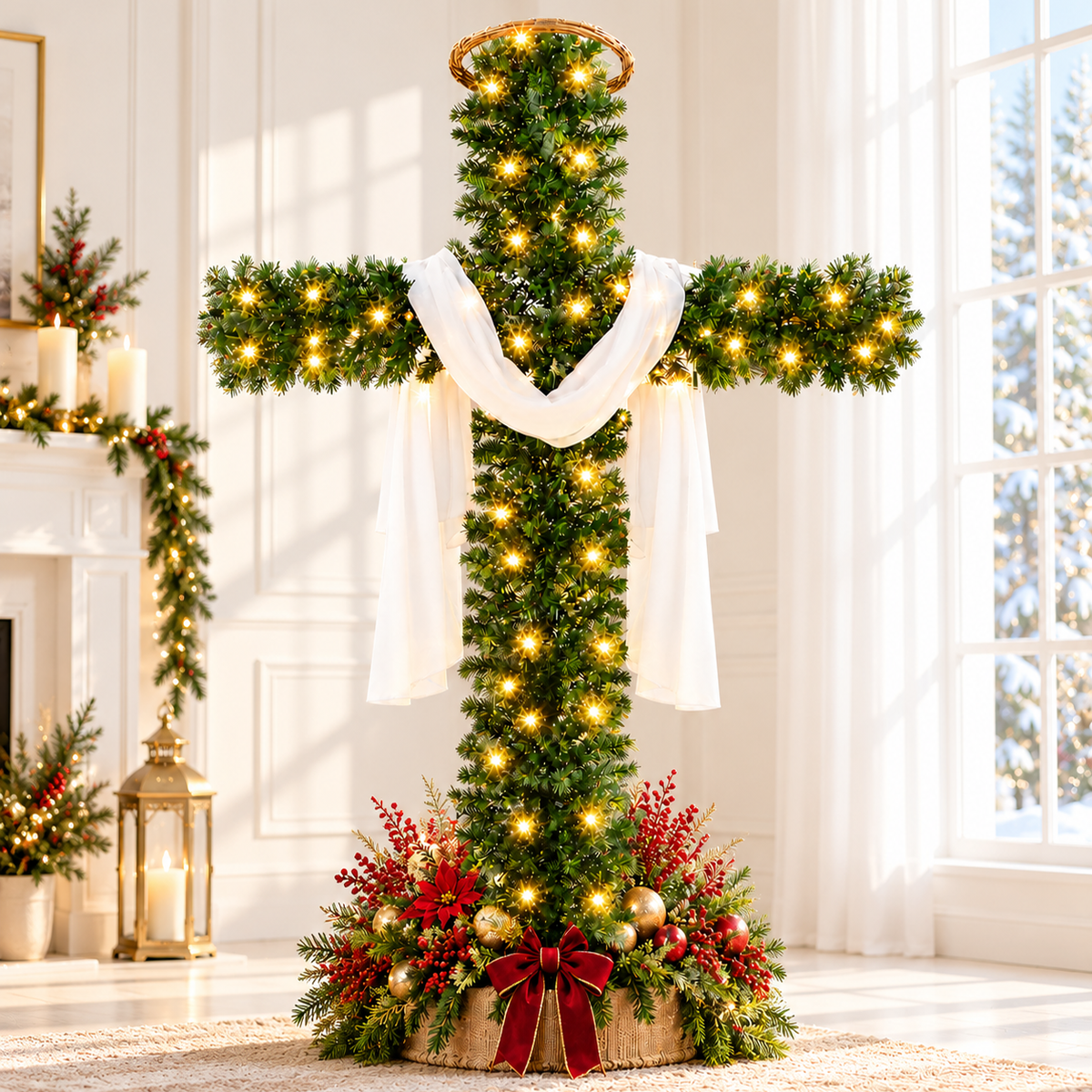 [FREE SHIPPING] Christian Christmas Cross Tree – Pre-Lit Jesus Cross Decor with Halo & White Draped Cloth