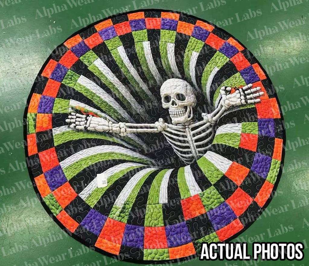 Halloween Round Quilt Rug, 3D Skeleton Illusion Area Rug, Soft Washable Quilted Floor Mat for Bedroom Living Room, Spooky Halloween Home Decor