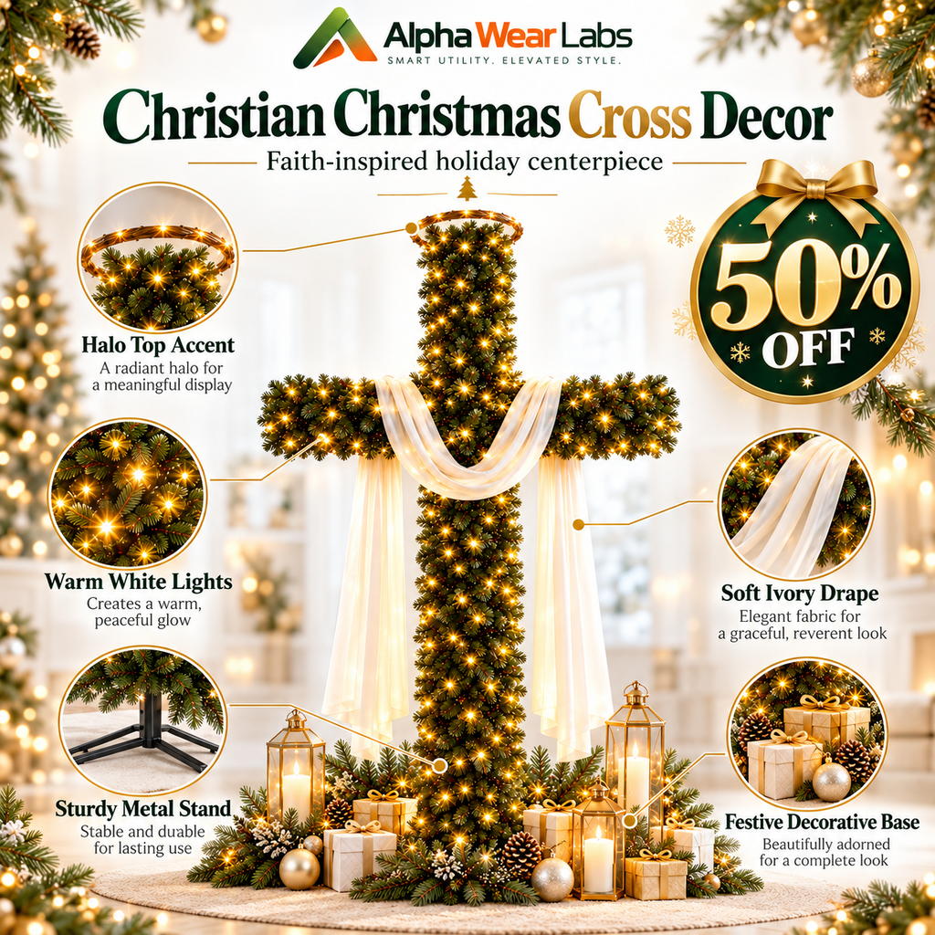 [FREE SHIPPING] Christian Christmas Cross Tree – Pre-Lit Jesus Cross Decor with Halo & White Draped Cloth
