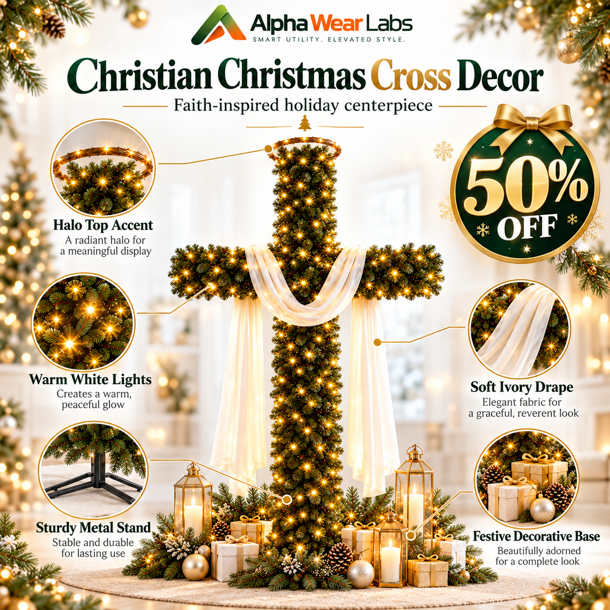 [FREE SHIPPING] Christian Christmas Cross Tree – Pre-Lit Jesus Cross Decor with Halo & White Draped Cloth
