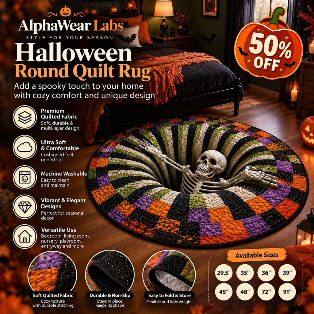 Halloween Round Quilt Rug, 3D Skeleton Illusion Area Rug, Soft Washable Quilted Floor Mat for Bedroom Living Room, Spooky Halloween Home Decor