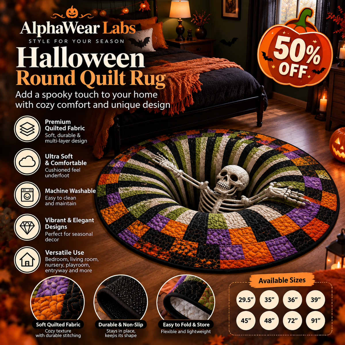 Halloween Round Quilt Rug, 3D Skeleton Illusion Area Rug, Soft Washable Quilted Floor Mat for Bedroom Living Room, Spooky Halloween Home Decor