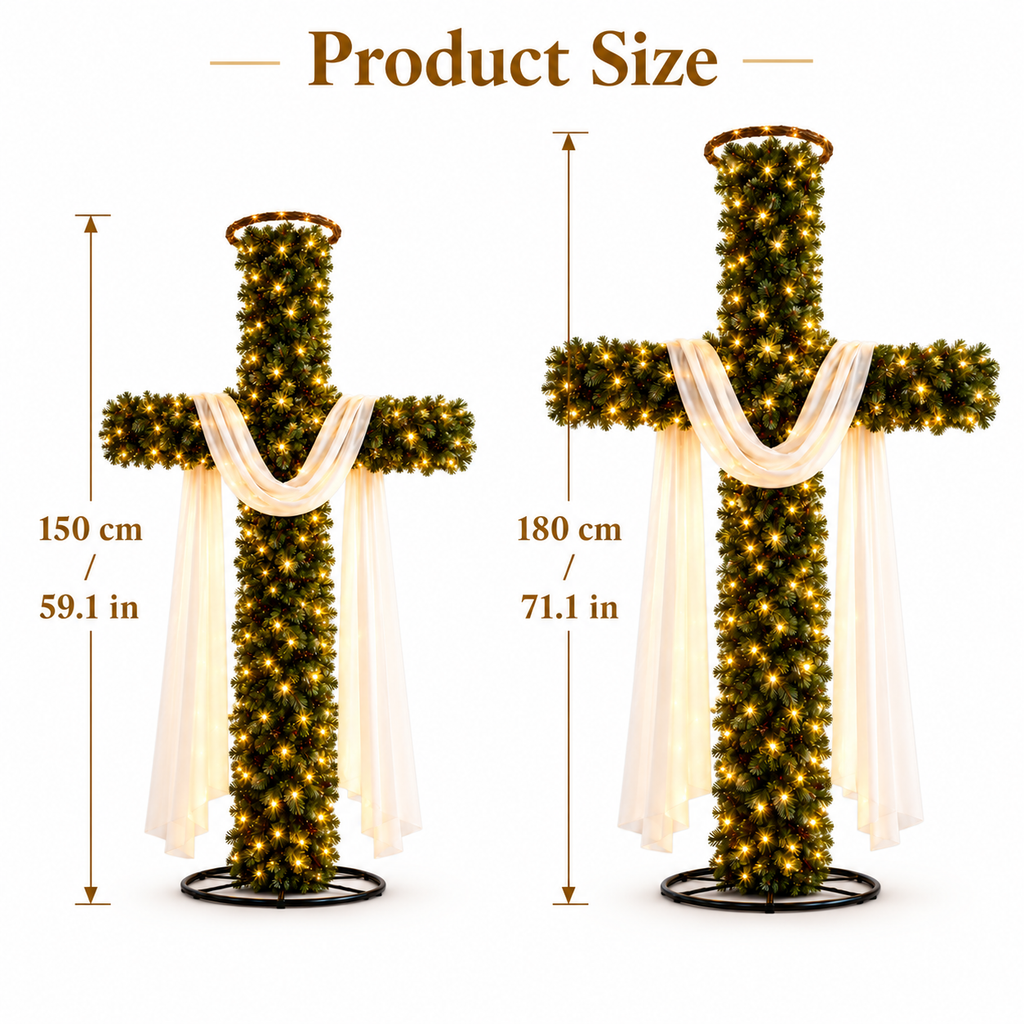 [FREE SHIPPING] Christian Christmas Cross Tree – Pre-Lit Jesus Cross Decor with Halo & White Draped Cloth