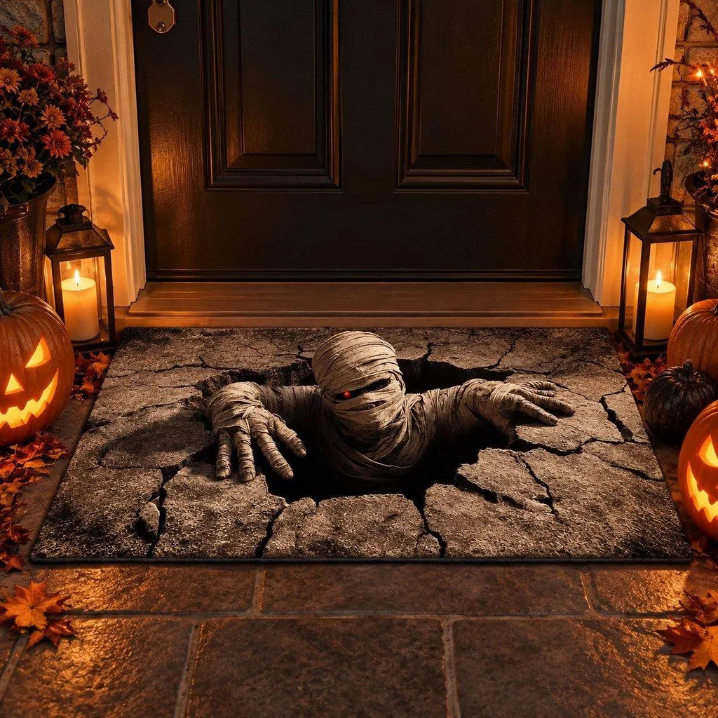 3D Halloween Doormat – Spooky Mummy Door Mat for Front Porch, Creepy Halloween Home Decor