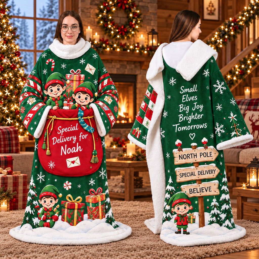 Personalized Wearable Blanket with Sleeves, Custom Name Oversized Sherpa Throw Blanket, Cozy Christmas Gift