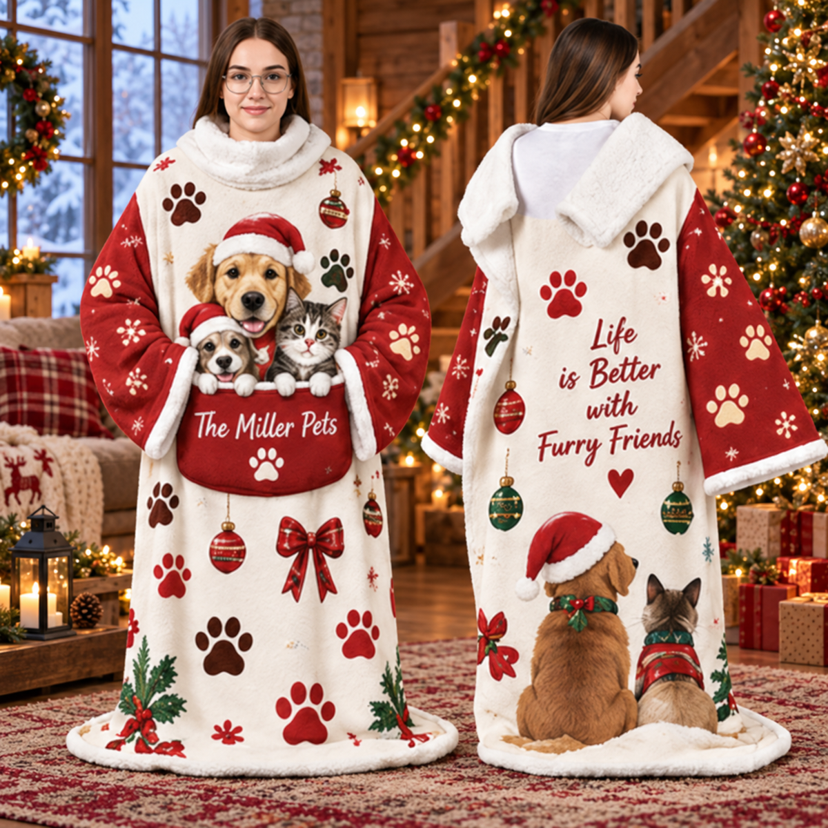 Personalized Wearable Blanket with Sleeves, Custom Name Oversized Sherpa Throw Blanket, Cozy Christmas Gift