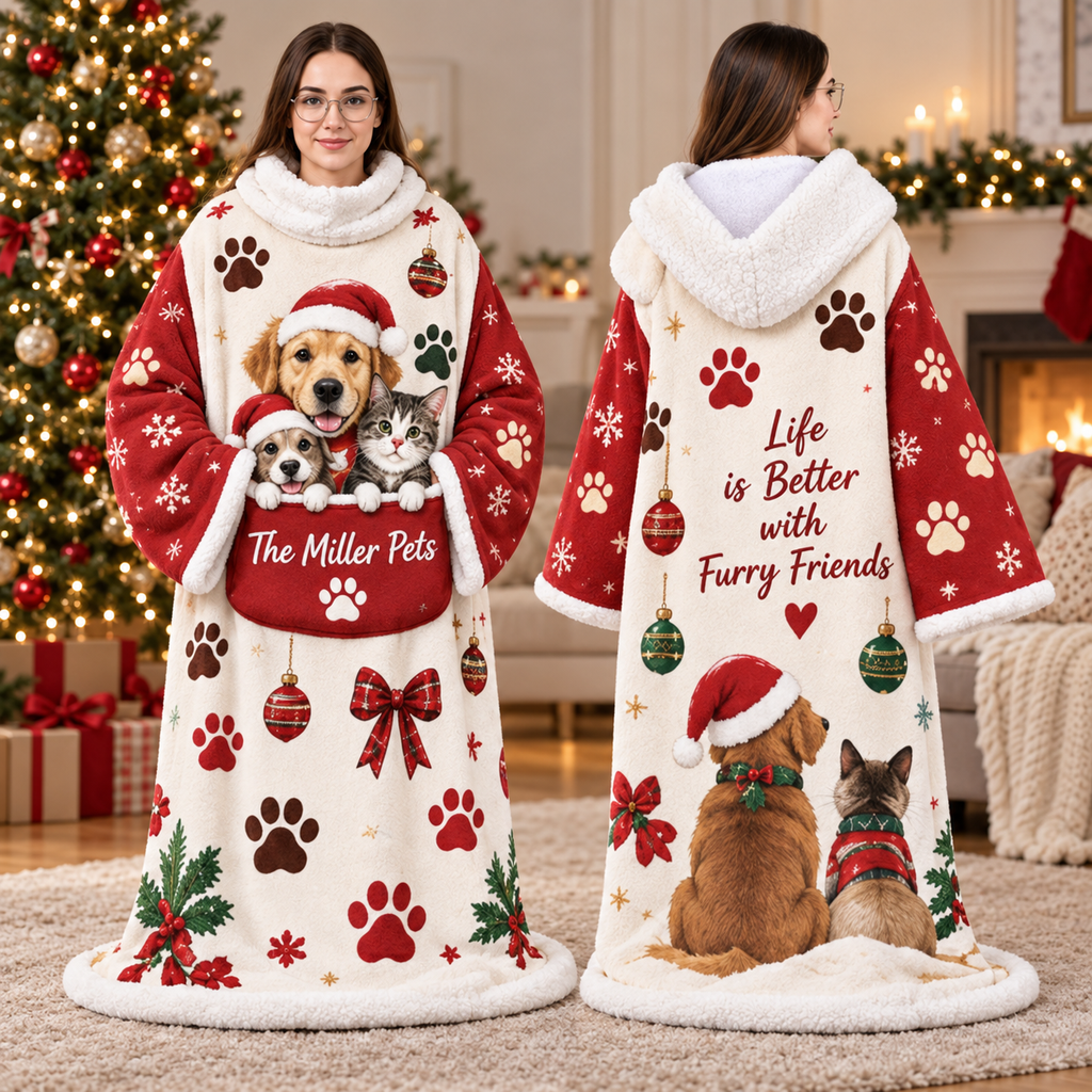 Personalized Wearable Blanket with Sleeves, Custom Name Oversized Sherpa Throw Blanket, Cozy Christmas Gift